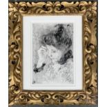 An etching of a lady in thought in giltwood frame, 23x15.5cm