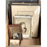 A box of framed 19th century and later photographs
