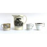 A 19th century transfer ware jug; together with a souvenir coffee cup, Spode teacup etc