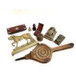 A mixed lot to include bellows, brass lady bell, plaster cast of a child's hand (af), brass horse