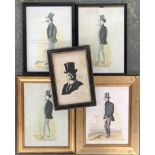 Four colour prints of gents in top hats; together with a silhouette of a man in top hat, dated 1910,