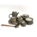 A stoneware teapot, coffee pot, 4 cups, milk jug, tray, 10 plates and a studio pottery ladle