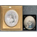 Two 19th century prints, one of a fashionable French lady in a gilt gesso frame, 27x23cm; the