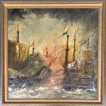 20th century oil on canvas, tall ships at sea, signed Bob ?? lower left, 85x85cm