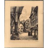 Julien Lacaze (1886-1971), engraving of a French town square, signed in pencil lower right, 29x24cm