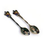 Two 800 silver and enamel spoons commemorating the 1901 coronation of King Edward VII and