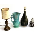A studio pottery lamp base, together with a studio pottery jug and two further table lamps