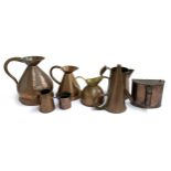 A mixed lot of 19th century and later copper measures, one gallon and smaller, to include a