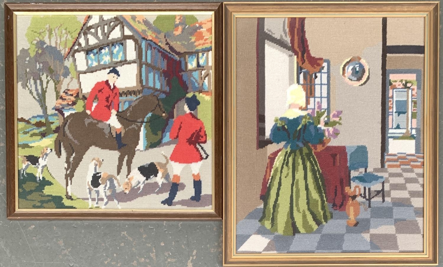Two needlework pictures, one depicting a huntsman, 44x55cm, the other a domestic scene