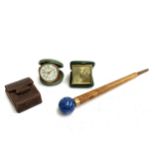 A mixed lot to include an Oris travel clock, a Barigo, Portugal barometer, a leather card case and a