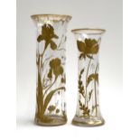 A pair of tall gilt glass vases depicting Iris and Convolvulus, 39.5cmH and 35cmH