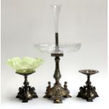 A silver plated and cut glass epergne, 61cmH, together with a uranium glass bonbon dish on triform