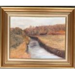 Oil on canvas, river in autumn, signed P J Connolly 1986, 30x40cm; together with two gilt frames (3)