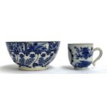 A small repaired blue and white transfer ware bowl, 13cmD, together with a Chinese blue and white