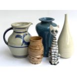 A mixed lot of ceramics to include a large Studio Pottery jug 22cmH, marbled vase marked DE 1955,
