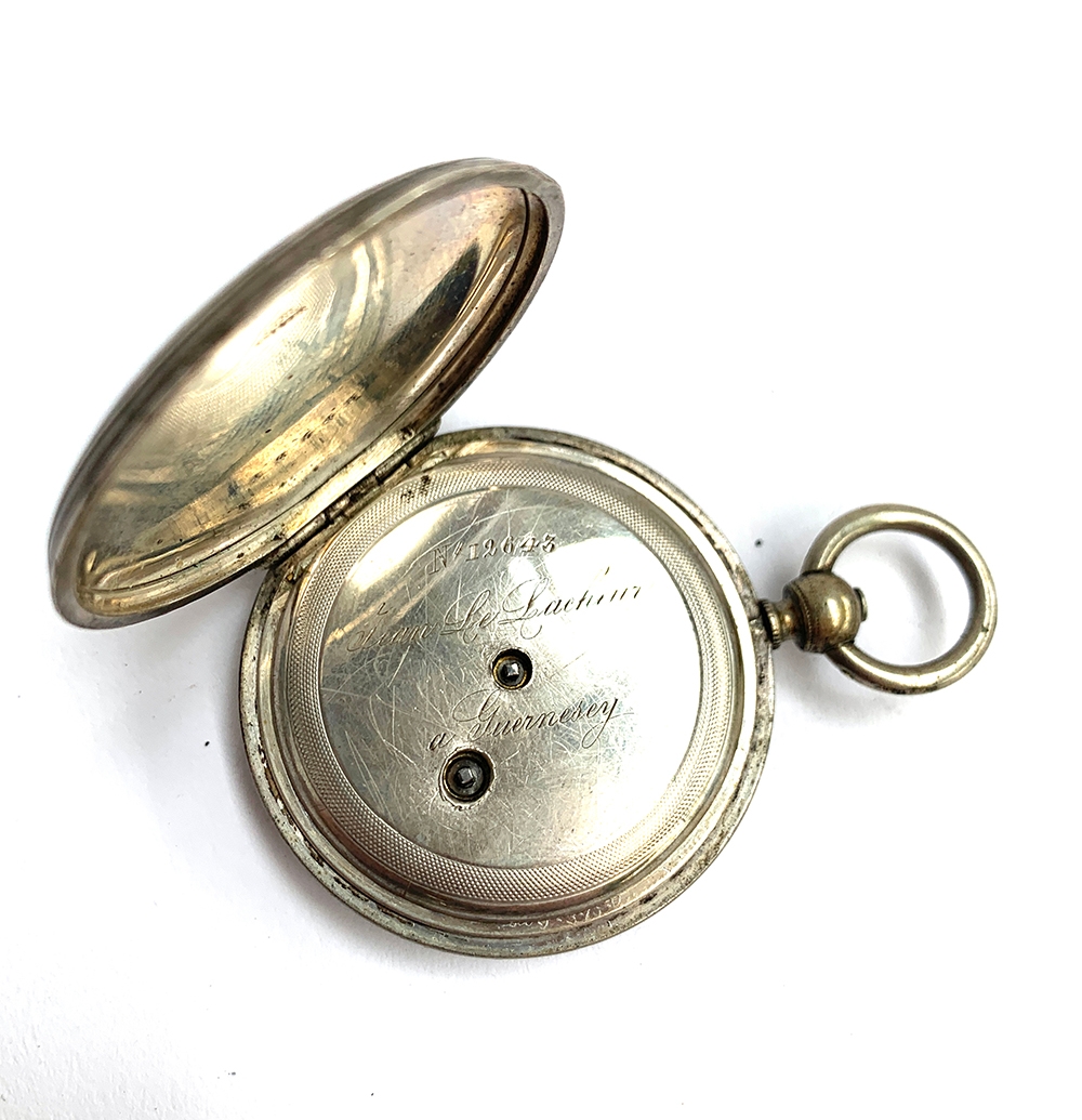 A small engine turned silver hunter fob watch by Jean Le Lacheur, Guernsey, white enamel dial with - Image 4 of 5