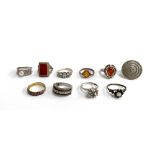 A lot of ten silver rings, mainly 925 silver, one fully hallmarked English silver set with an opal