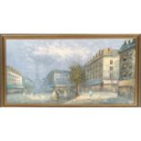 20th century Parisian street scene, oil in board, 50x100cm