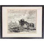 Joseph Denovan Adam (1842-1896), etching of two donkeys and a flock of geese, signed and dated