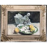 20th century still life, apples in a bowl, oil on canvas, singed E.W.A, 30x39cm