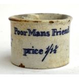 A stoneware apothecary jar, 'Poor Man's Friend, prepared only by Beach & Barnicott, successors to