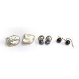 Three pairs of pearl earrings to include large keshi pearl clip on earrings