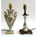 A French porcelain table lamp with floral hand painted panels, heightened in gilt, together with one