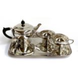 A Mappin & Webb three piece silver plated tea set with tray