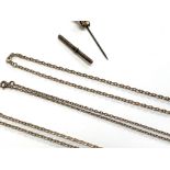 Three silver chains, one missing clasp; together with a silver T bar (af) and stick pin