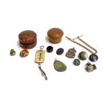 A mixed lot to include treen pot; Indian papier mache trinket pot; miniature Salter scales; gold