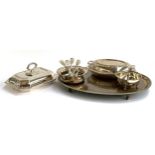 A mixed lot of plated wares to include a large oval gadrooned tray on four ball feet, 50.5cmW; two