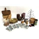 A mixed lot to include Wedgwood pestle and mortar; small wicker basket; 'Bida' engraved brass