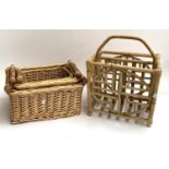 A set of three graduating wicker baskets, the large 45cmW; together with a bamboo magazine rack