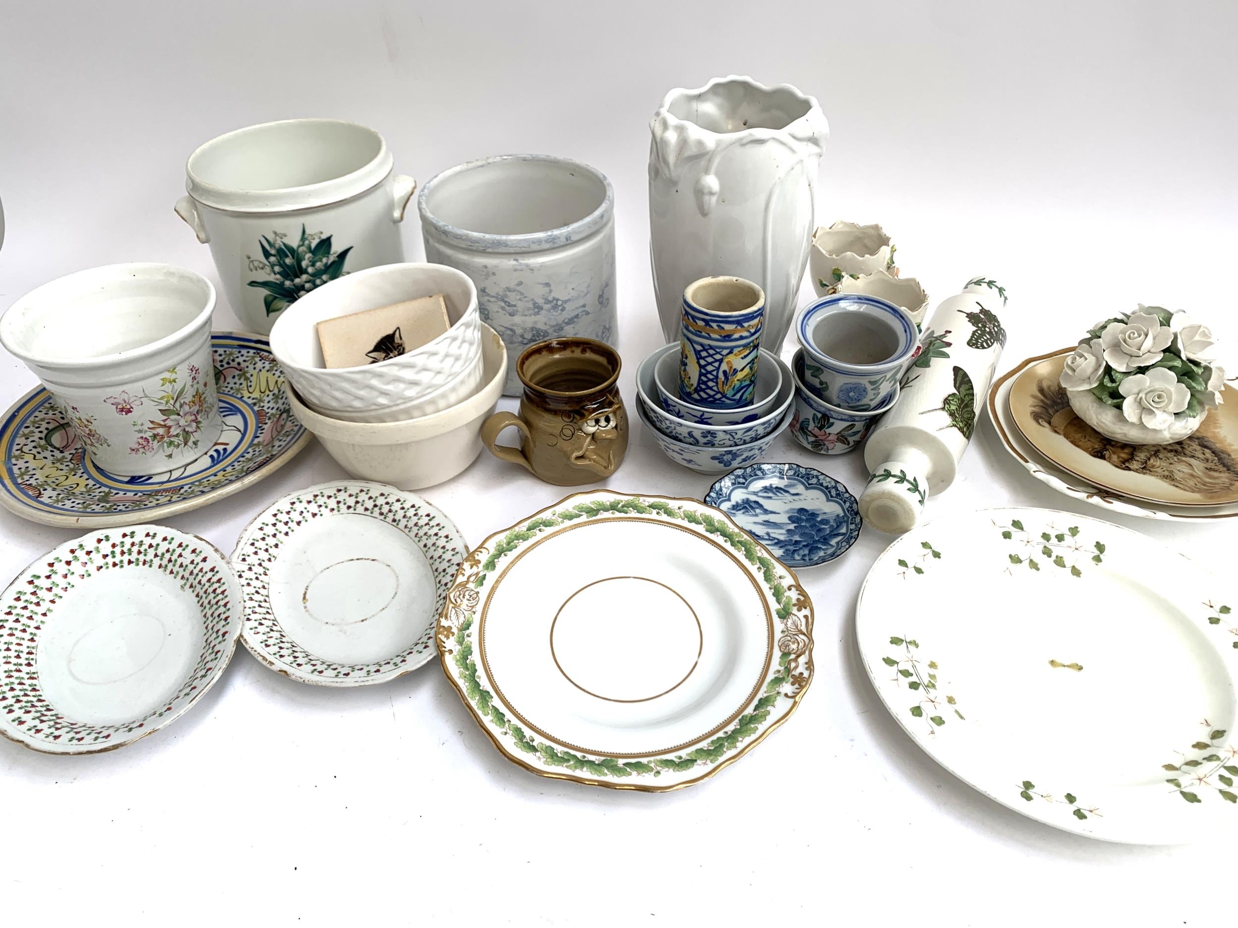 A mixed lot of ceramics to include Portmeirion rolling pin, porcelaine de Paris wine bottle cooler