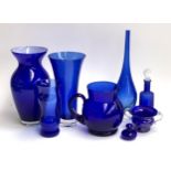 A quantity of blue glass to include a 19th century jug, 18cmH