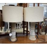 A pair of turned wood table lamps with linen shades, 63cmH