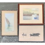 A 20th century watercolour of a Cornish harbour, 14.5x19.5cm; watercolour of a large sailing boat at