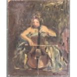 20th century oil on board, cellist, signed indistinctly, 50x40.5cmH