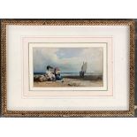 A small 19th century watercolour, depicting two children with fishing creel on the shore, 7.5x14cm