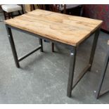 An industrial style square table, with solid spalted beech top, on fabricated steel base,