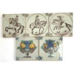Three 18th century manganese Delft tiles depicting men on horseback, together with 2 others, each