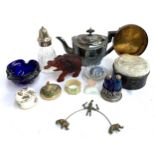 A mixed box to include cut glass sugar-sifter, leaping trout brass paper-weight, tin of antique