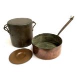 A 19th century copper and brass tall lidded pot, 28cmH, together with a large copper frying pan,