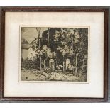 20th century etching, laden donkey leaving the gates, 30.5x38cm