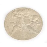 An oval plaster plaque depicting three children at play, 69x59cm