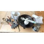A mixed lot of kitchenalia to include well seasoned wok pan, a Kenwood hand whisk and attachments,