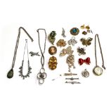 A mixed lot of costume jewellery to include a Czech citrine glass brooch, 6cmL, Stratton horse tie c