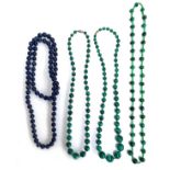 A lapis lazuli bead necklace, 41cml; together with three malachite bead necklaces
