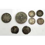 An Edward I penny, together with one other and a small quantity of pre 1947 silver coins