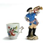 A figure of a huntsman with horn, un-marked, 14.5cm high together with an Italian porcelain coffee